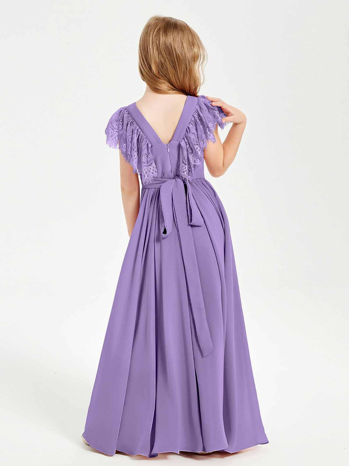 Chiffon Junior Bridesmaid Dresses with Lace Flutter Sleeves Tahiti